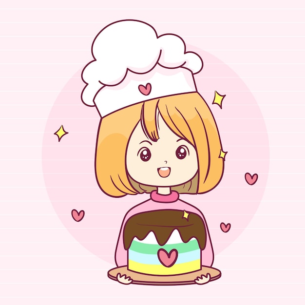 Vector ilustración de chica chef de pastel kawaii dibujada a mano