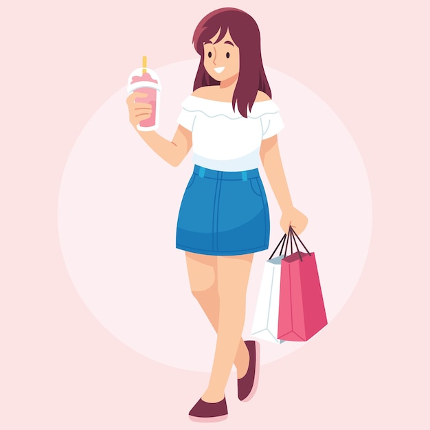 Ilustración de una chica de compras de vector plano