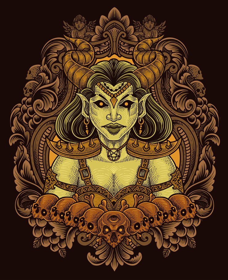 Vector ilustración chica demonio con estilo de grabado antiguo de calavera perfecto para camiseta sudadera con capucha chaqueta póster