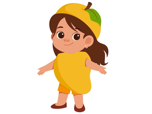 Ilustración de la chica con el disfraz de la fruta del mango