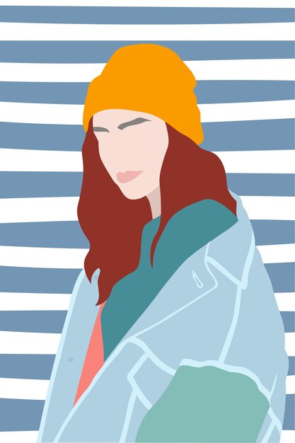 Vector ilustración de una chica con una gorra amarilla sobre un fondo rayado