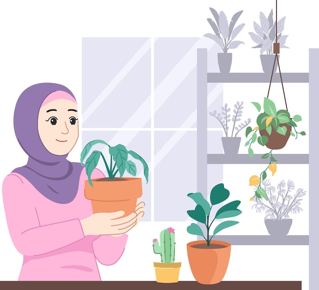 Ilustración de una chica hijab amante de las plantas
