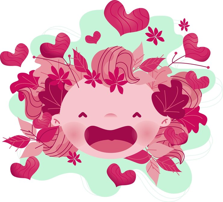 Ilustración de una chica linda con cabello bonito forma de amor corazones y flores sin fondo