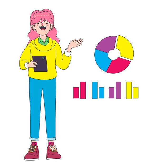 Ilustración de una chica linda con cabello rosa haciendo una presentación y gráficos a su lado