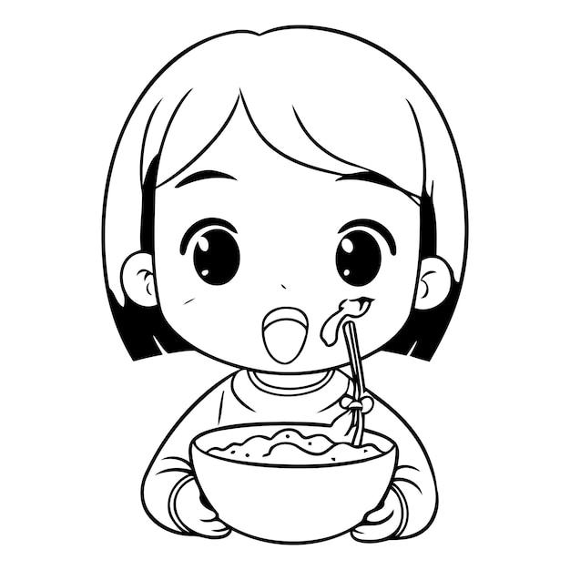 Ilustración de una chica linda comiendo un plato de cereales