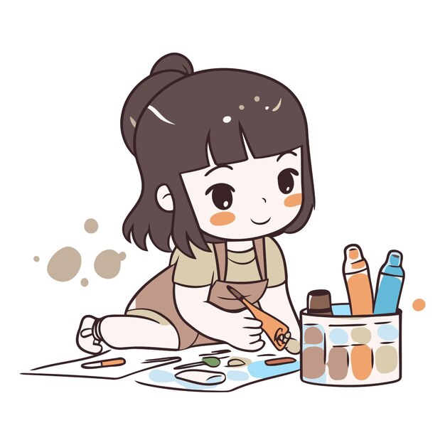 Ilustración de una chica linda pintando con pinceles