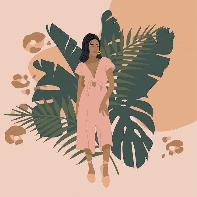 Ilustración chica de moda en traje moderno con plantas tropicales. concepto de belleza y mentalidad, feminidad.