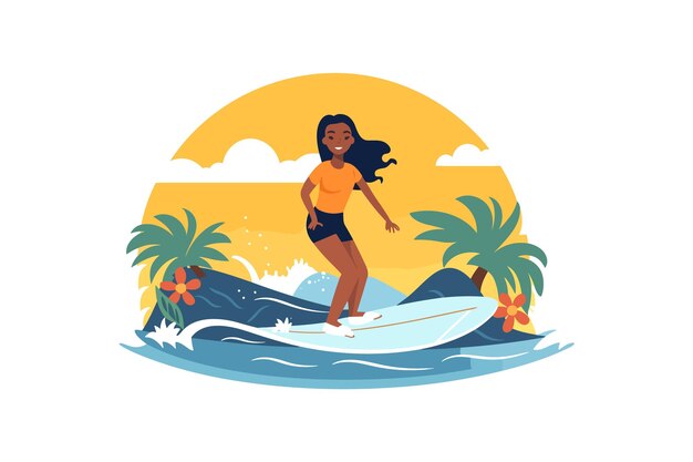 Vector ilustración de una chica surfista una chica alegre surfando con una expresión alegre