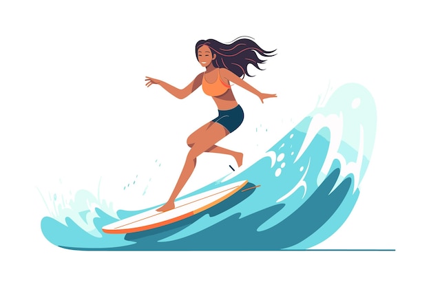 Ilustración de una chica surfista Una chica alegre surfando con una expresión alegre