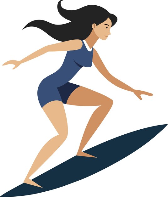 Ilustración de una chica surfista surfeando sobre un fondo blanco hecha en estilo plano