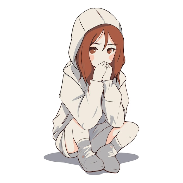 Vector ilustración de una chica triste con una capucha en un fondo blanco