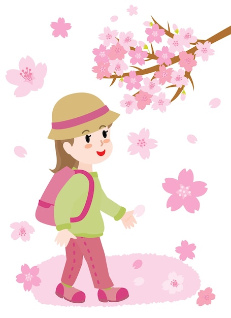 Ilustración de la chica viendo los cerezos en flor en primavera