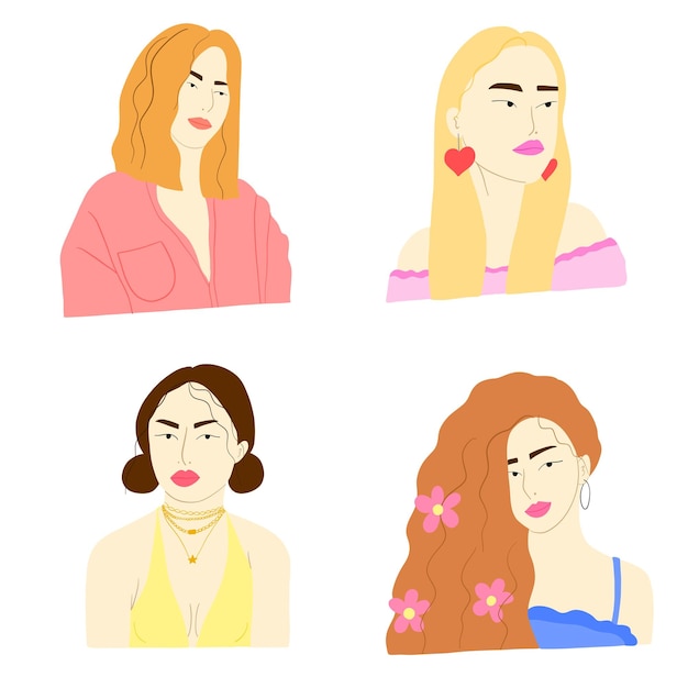 Ilustración de chicas hipster hermosas mujeres jóvenes con diferentes peinados y accesorios