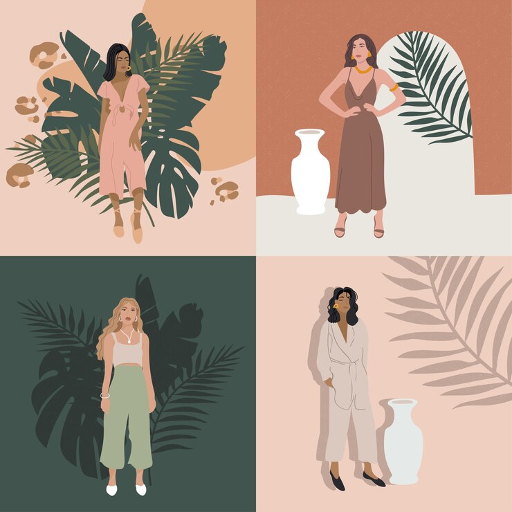 Ilustración de chicas de moda en trajes modernos con plantas tropicales.
