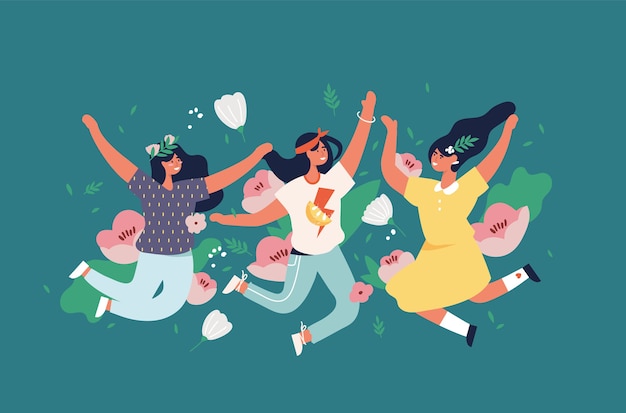 ilustración chicas saltando con flores y flores, hojas. Mujer feliz disfrutando.