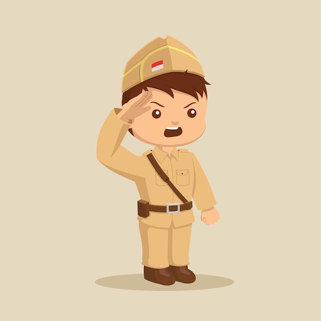 Vector ilustración de un chico lindo vestido como soldado haciendo un gesto de saludo