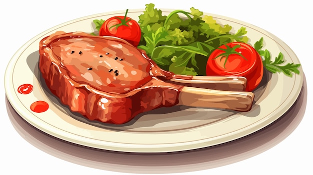 Ilustración de una chuleta de cordero suculenta y tomates frescos en el plato