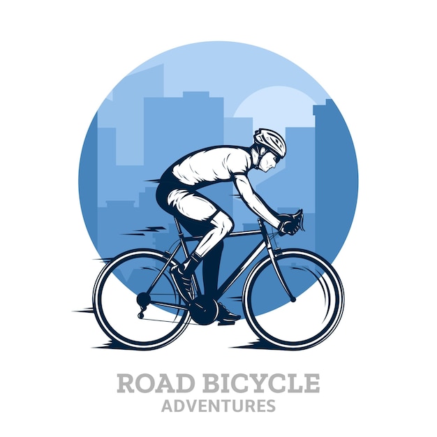 Ilustración con un ciclista en bicicleta y ciudad.
