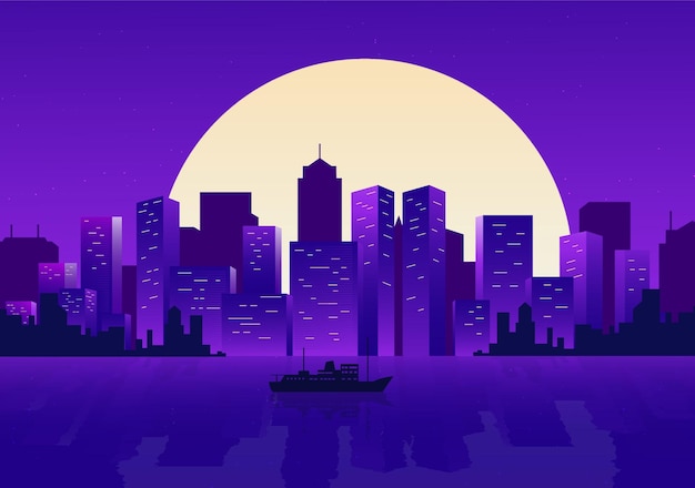 Vector ilustración del cielo nocturno de la ciudad púrpura