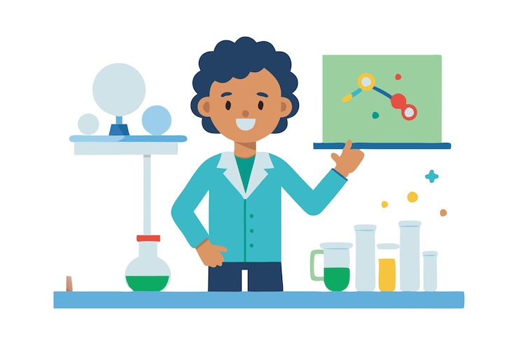 Vector ilustración de un científico explicando un experimento químico en un laboratorio