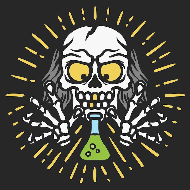 Ilustración del científico loco del cráneo con la mano agarrando el matraz erlenmeyer sobre fondo negro