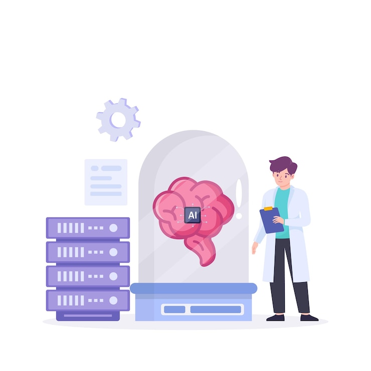 Vector ilustración de un científico que desarrolla un robot de inteligencia artificial