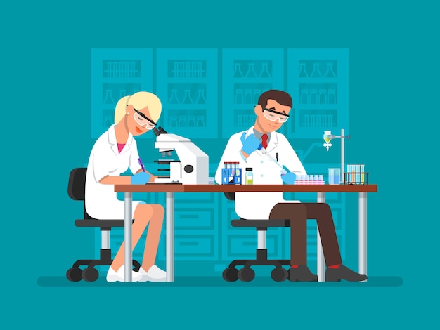 Ilustración de científicos que trabajan en el laboratorio de ciencias, estilo plano