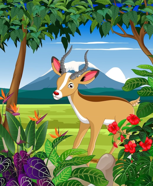 ilustración de ciervo con cuernos con fondo de paisaje de montaña