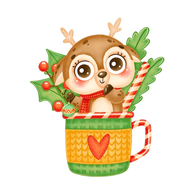 Ilustración de un ciervo de Navidad de dibujos animados lindo sosteniendo un juguete de árbol de Navidad en una taza de té