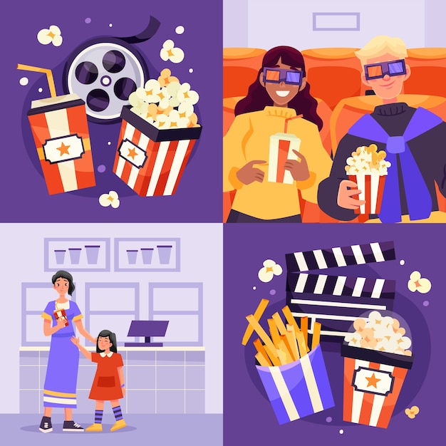 Ilustración de cine plano dibujada a mano con audiencia y palomitas de maíz