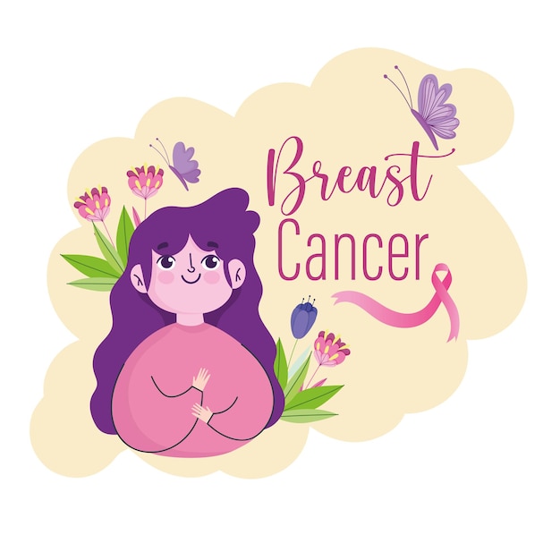Ilustración de cinta y letras de cinta de mariposa de flores de niña linda de cáncer de mama