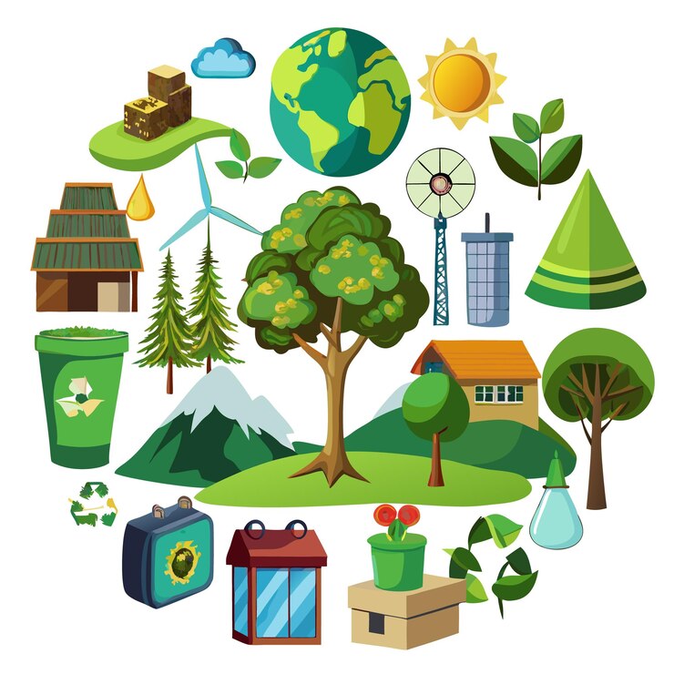 Vector una ilustración circular con varios iconos que representan la sostenibilidad, incluida una globo arbóreo, una turbina eólica, una casa símbolo de reciclaje y más.