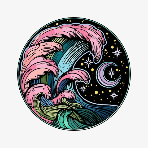 Ilustración de un círculo con olas marinas y luna y estrellas