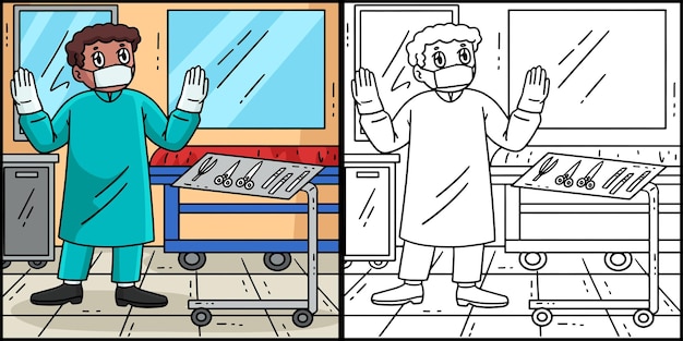 Ilustración de un cirujano con herramientas quirúrgicas
