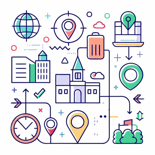 Ilustración de una ciudad con alfileres y flechas conectadas