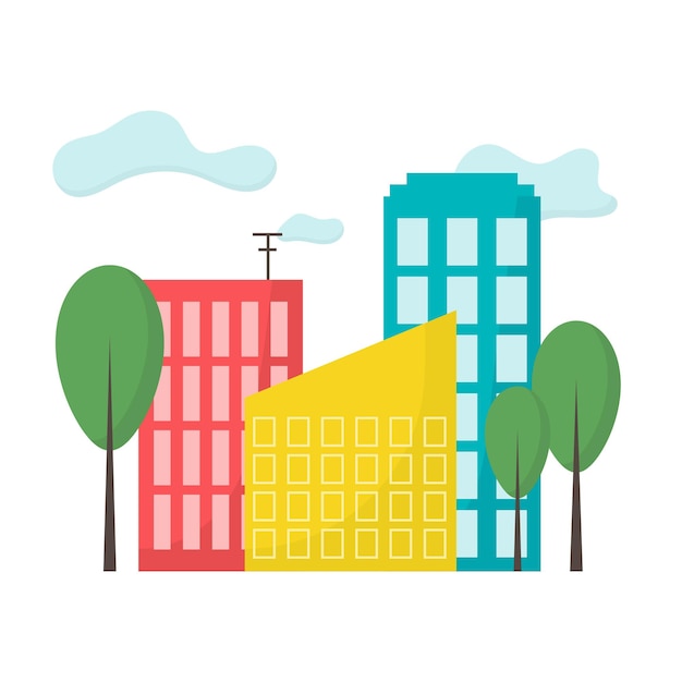 Ilustración de la ciudad Ciudad con edificios y árboles Paisaje de la ciudad Estilo plano Ilustración vectorial