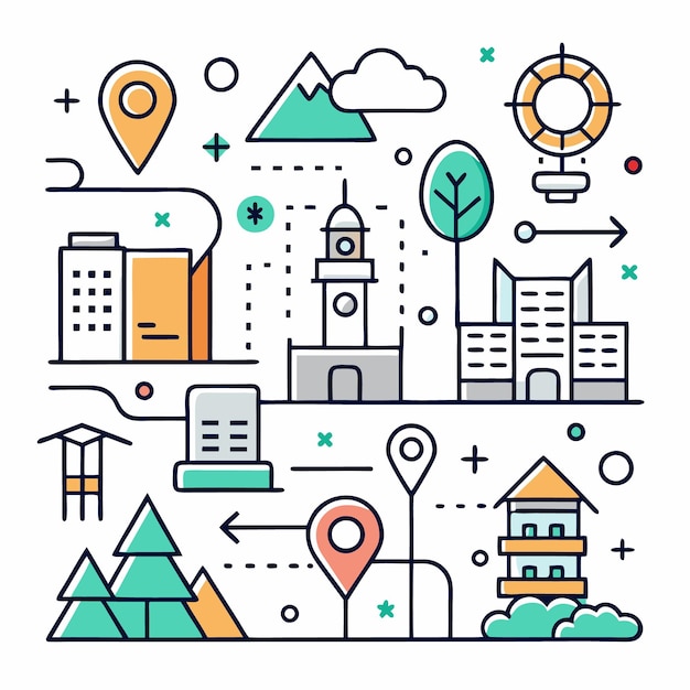 Ilustración de una ciudad con edificios árboles y una montaña