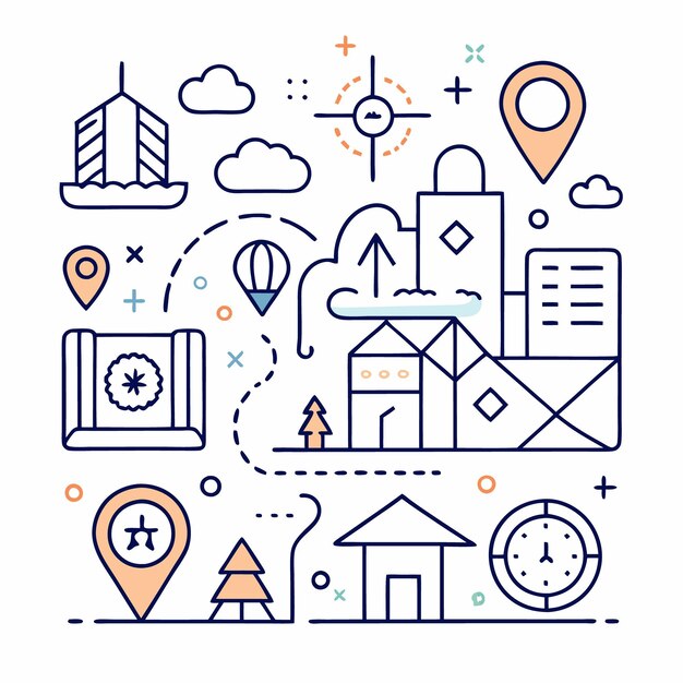 Ilustración de una ciudad con edificios, nubes, árboles, un reloj y una brújula.