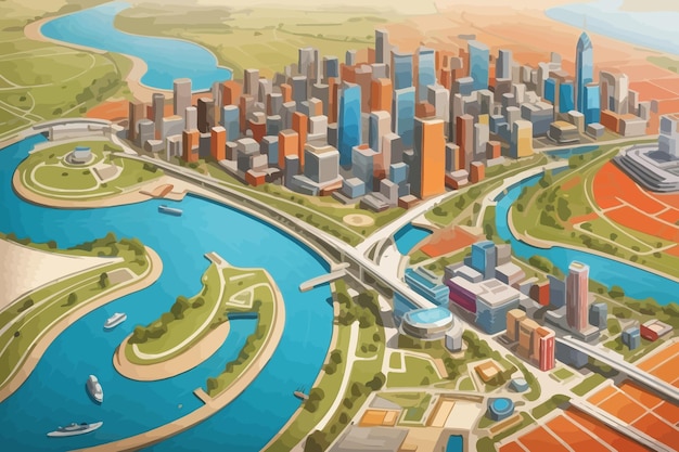 Vector ilustración de la ciudad futurista conectada con las tendencias ecológicas y sostenibles