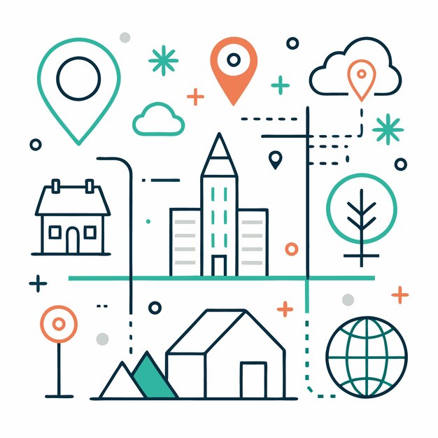 Ilustración de una ciudad con hitos casas montañas y un globo terrestre