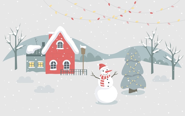 Ilustración de la ciudad de invierno de Navidad. Carácter festivo y decoración navideña. Árbol de Navidad con decoración tradicional, luces y muñeco de nieve. Decoración de tarjetas de Navidad