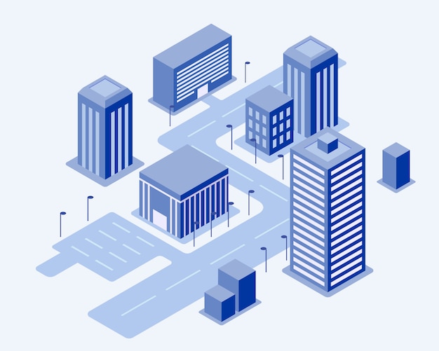 Ilustración de la ciudad isométrica muy azul claro. La carretera principal se puede utilizar para servicios de rastreo, viajes y entregas. Edificios de oficinas y conexión de luz. Ilustración plana de moda.