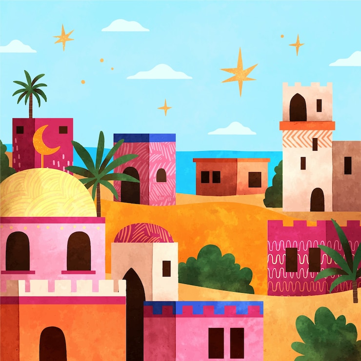 Vector ilustración de la ciudad de marruecos en acuarela