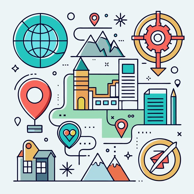 Ilustración de una ciudad con montañas una casa y marcadores de ubicación global