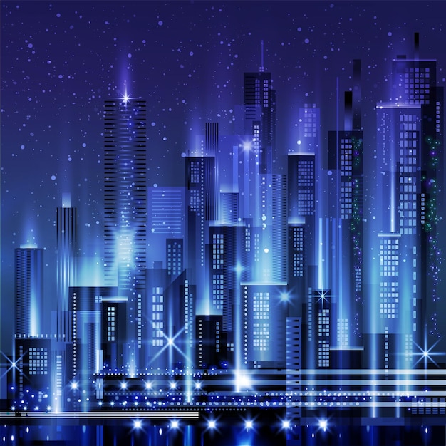 Ilustración de la ciudad nocturna con brillo de neón y colores vivos.