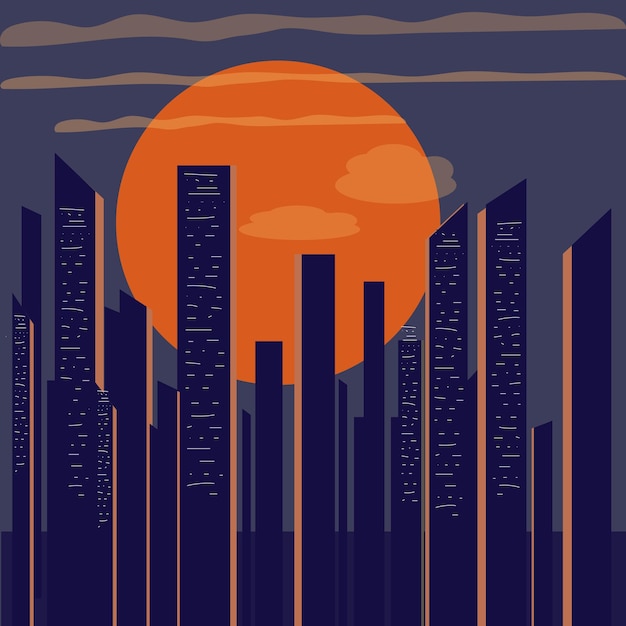 Ilustración de la ciudad nocturna en el viejo estilo retro 70 puesta de sol en el concepto de gran ciudad para imprimir