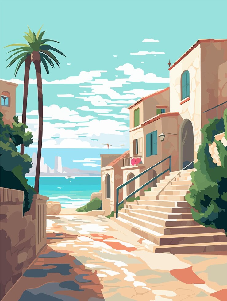 Vector ilustración ciudad en la playa diseño de cartel