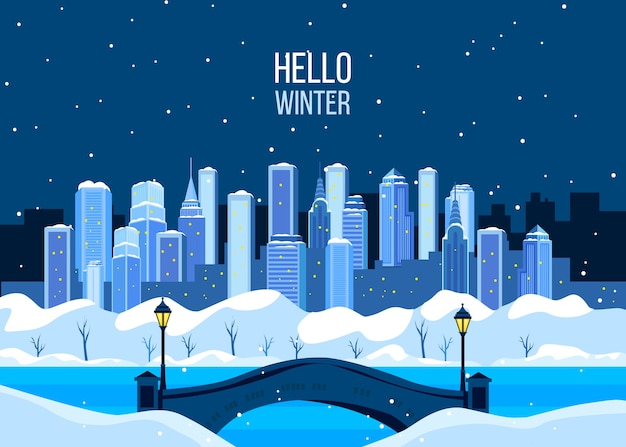 Vector ilustración de la ciudad de vacaciones de invierno con rascacielos de nueva york, nieve, puente, río congelado.