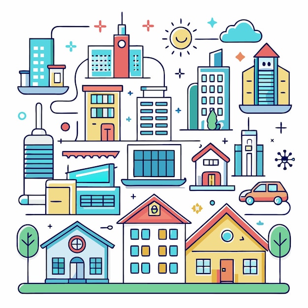 Ilustración de una ciudad vibrante con edificios un coche y el sol