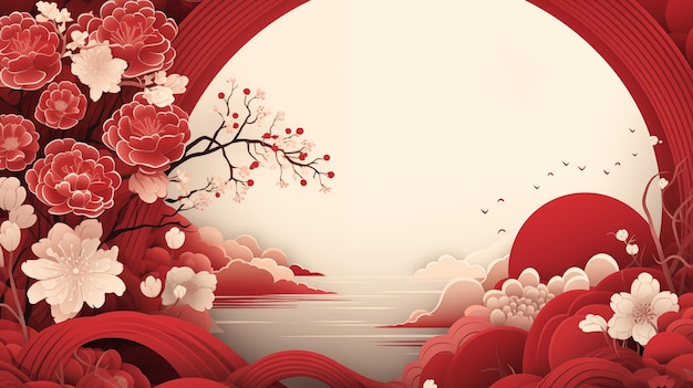 Ilustración clásica china de la peonía con pájaros y puesta de sol
